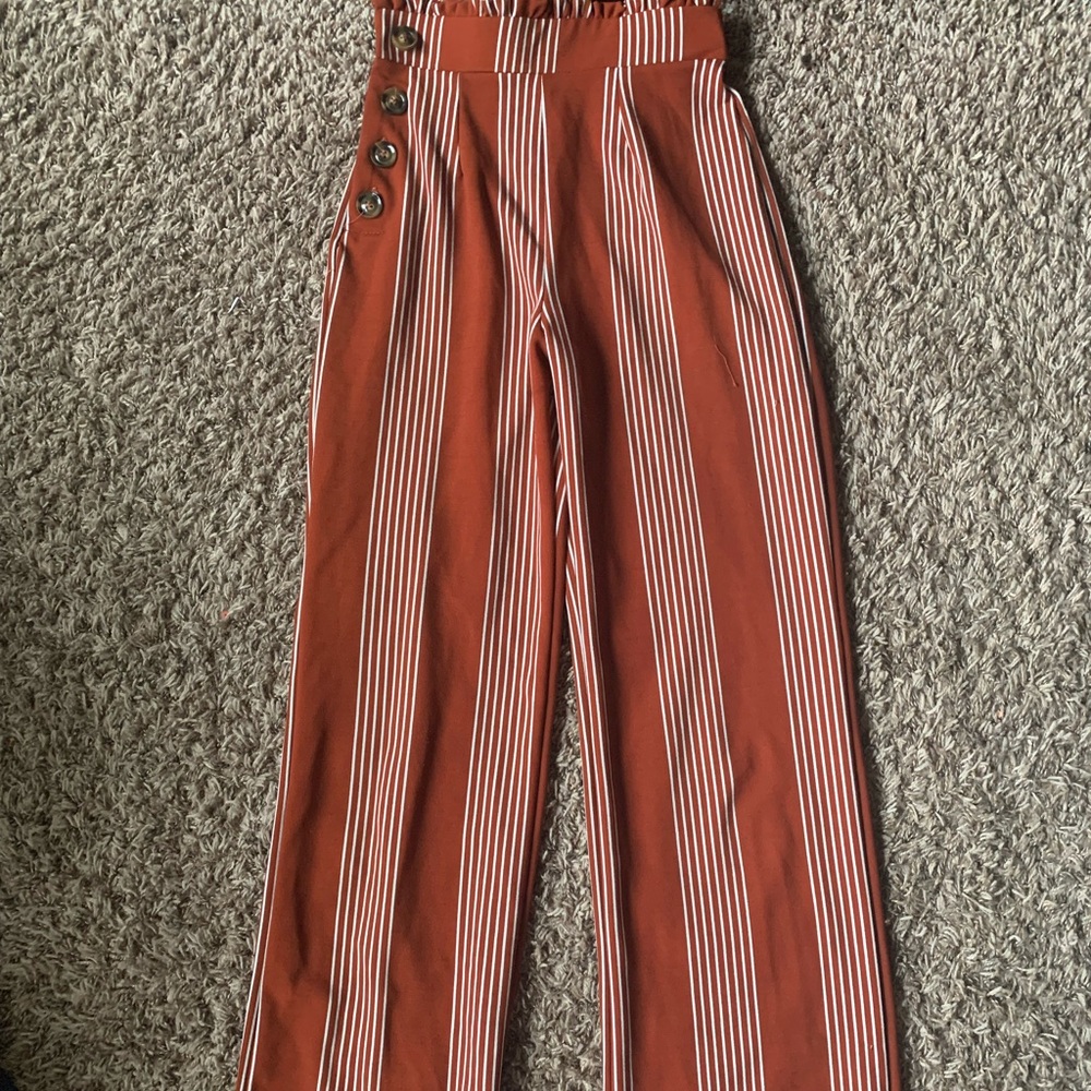 Striped High-Waisted Pants with Button Detail
